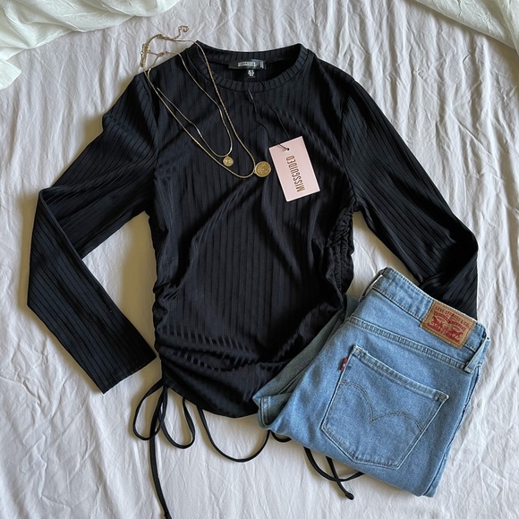 Missguided Tops - Missguided Black Ruched Long Sleeve Top
